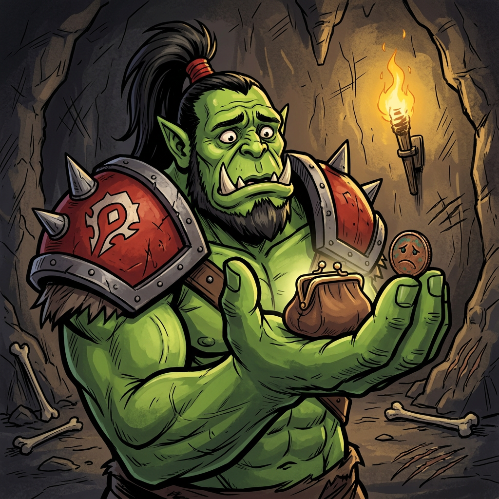 ZUG staring sadly at a coin purse with one coin left in it