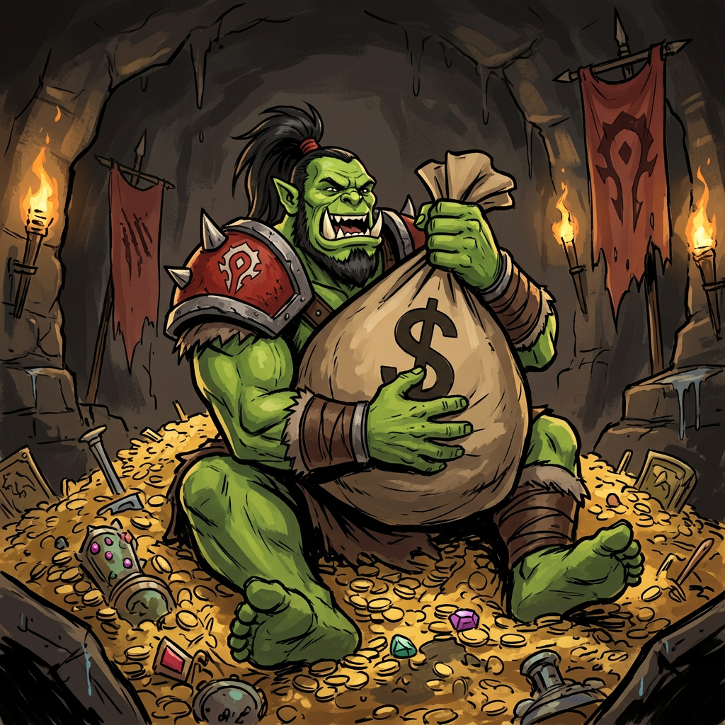 ZUG sitting on a pile of gold hugging his loot bag